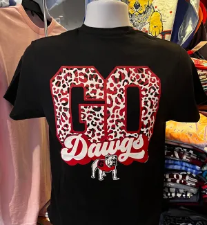 Georgia Bulldogs T-shirt - “Go Dawgs Leopard Print Graphic Tee” (Short Sleeve Black)