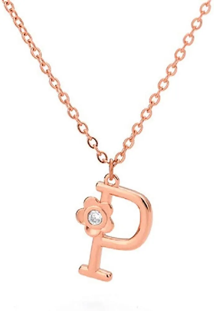 Giorgio Bergamo Stainless Steel Gold Plated A - Z, 26 Letter Cubic Zirconia Flower Initial Pendant Necklace