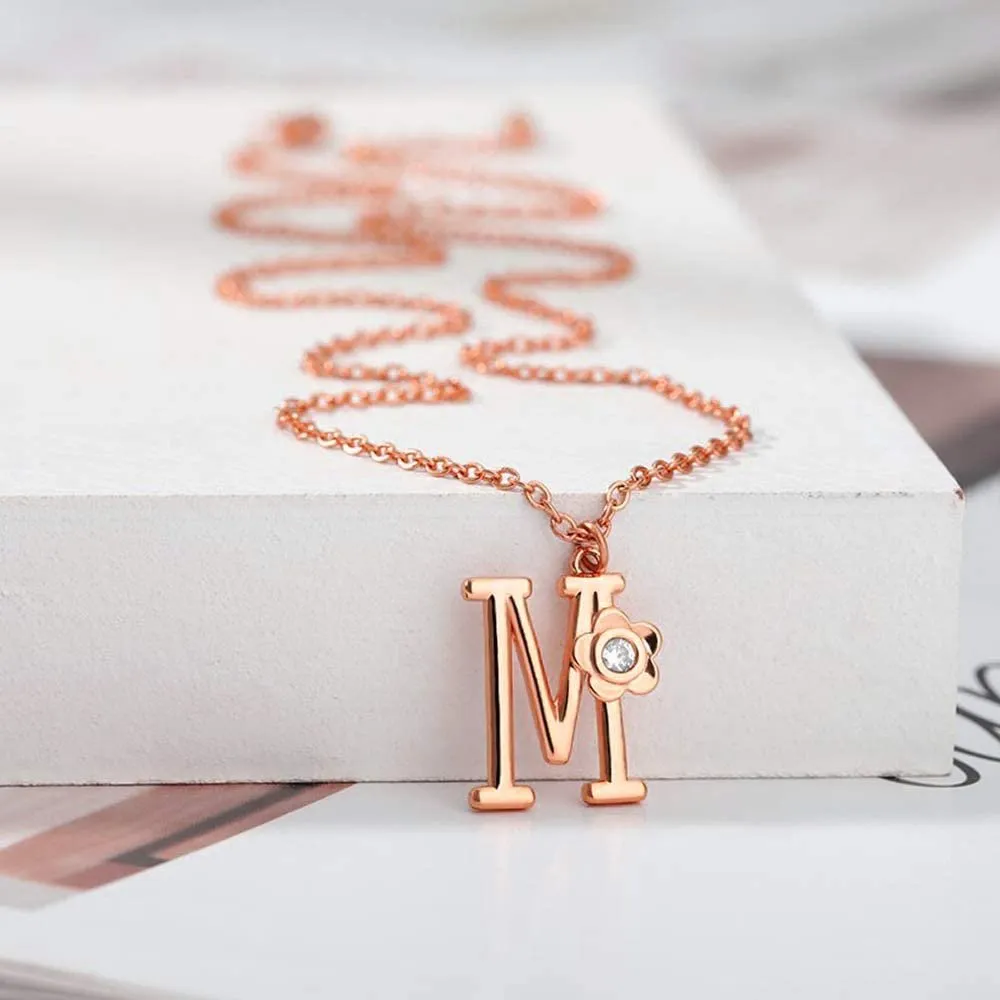 Giorgio Bergamo Stainless Steel Gold Plated A - Z, 26 Letter Cubic Zirconia Flower Initial Pendant Necklace