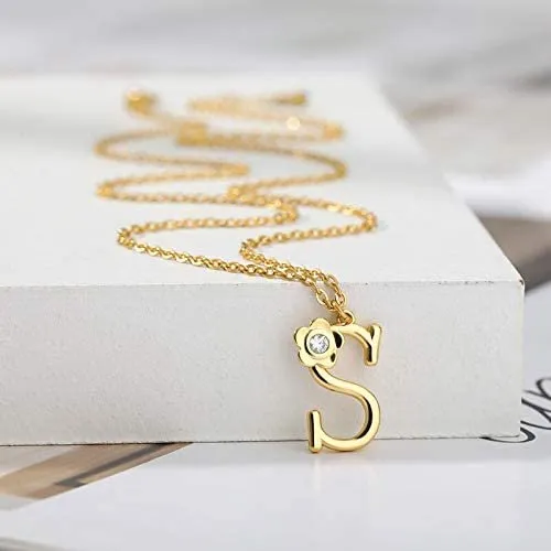 Giorgio Bergamo Stainless Steel Gold Plated A - Z, 26 Letter Cubic Zirconia Flower Initial Pendant Necklace