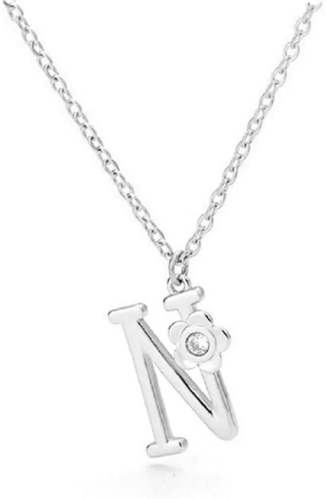 Giorgio Bergamo Stainless Steel Gold Plated A - Z, 26 Letter Cubic Zirconia Flower Initial Pendant Necklace