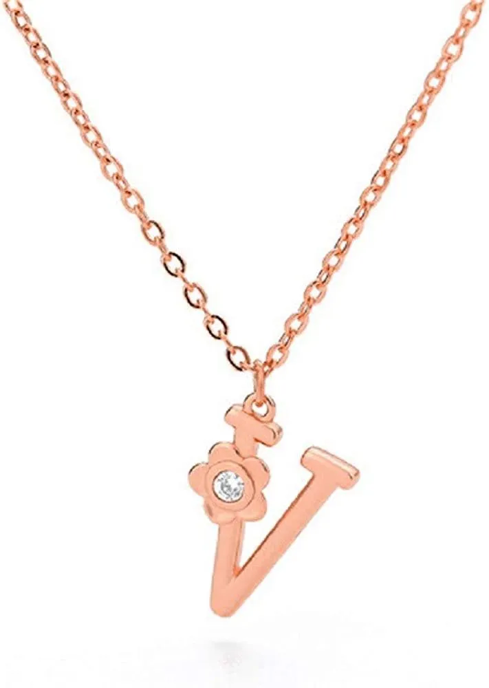 Giorgio Bergamo Stainless Steel Gold Plated A - Z, 26 Letter Cubic Zirconia Flower Initial Pendant Necklace