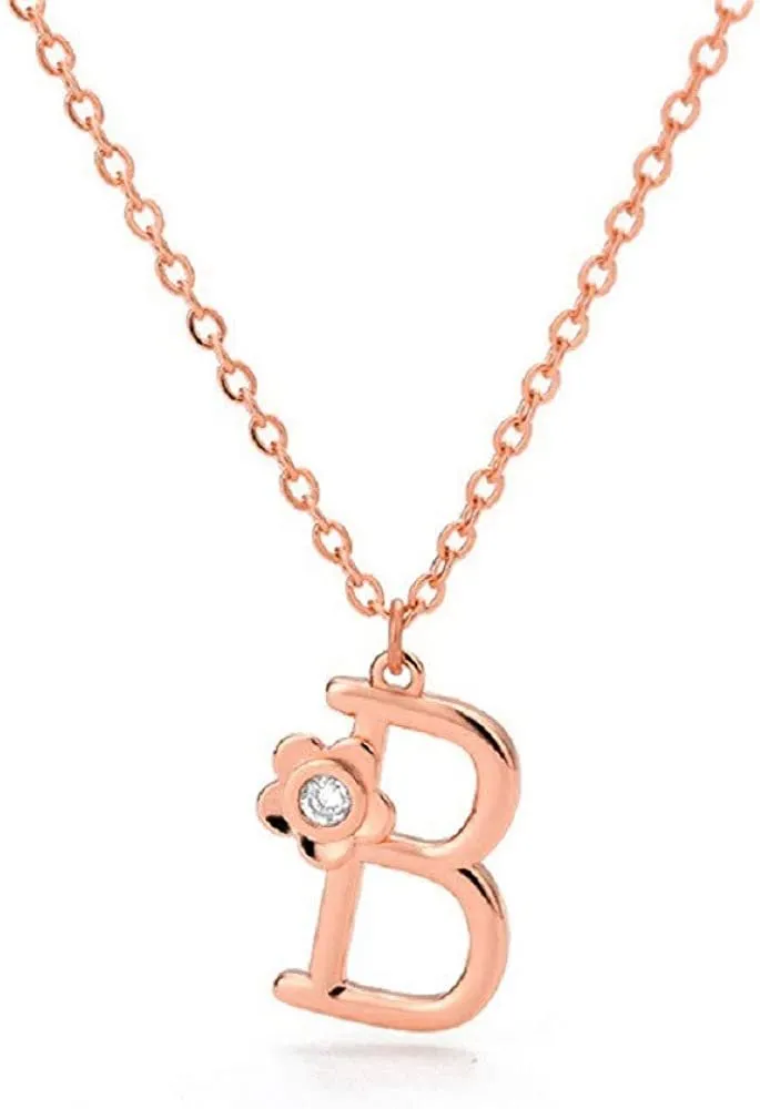 Giorgio Bergamo Stainless Steel Gold Plated A - Z, 26 Letter Cubic Zirconia Flower Initial Pendant Necklace