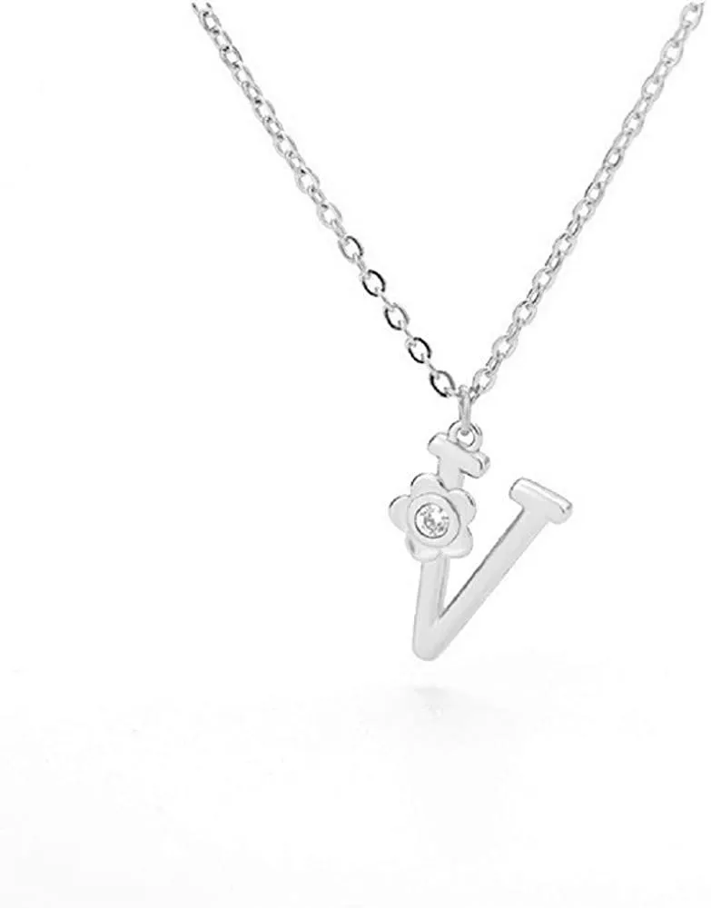 Giorgio Bergamo Stainless Steel Gold Plated A - Z, 26 Letter Cubic Zirconia Flower Initial Pendant Necklace