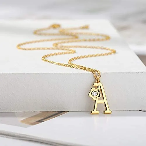 Giorgio Bergamo Stainless Steel Gold Plated A - Z, 26 Letter Cubic Zirconia Flower Initial Pendant Necklace