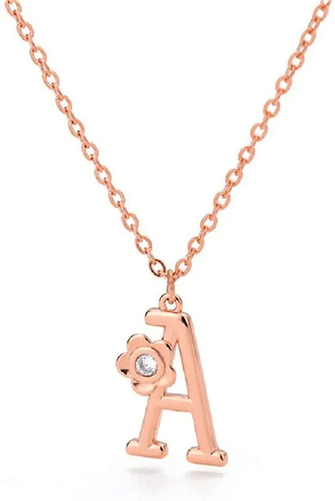 Giorgio Bergamo Stainless Steel Gold Plated A - Z, 26 Letter Cubic Zirconia Flower Initial Pendant Necklace