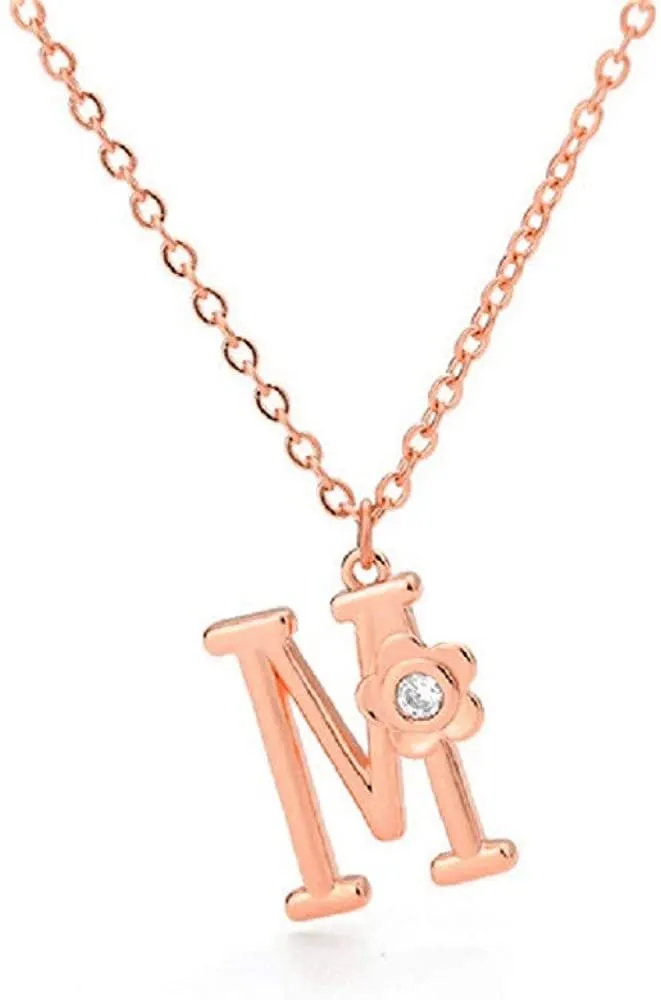 Giorgio Bergamo Stainless Steel Gold Plated A - Z, 26 Letter Cubic Zirconia Flower Initial Pendant Necklace