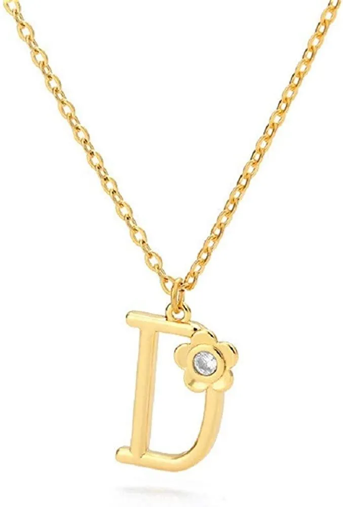 Giorgio Bergamo Stainless Steel Gold Plated A - Z, 26 Letter Cubic Zirconia Flower Initial Pendant Necklace