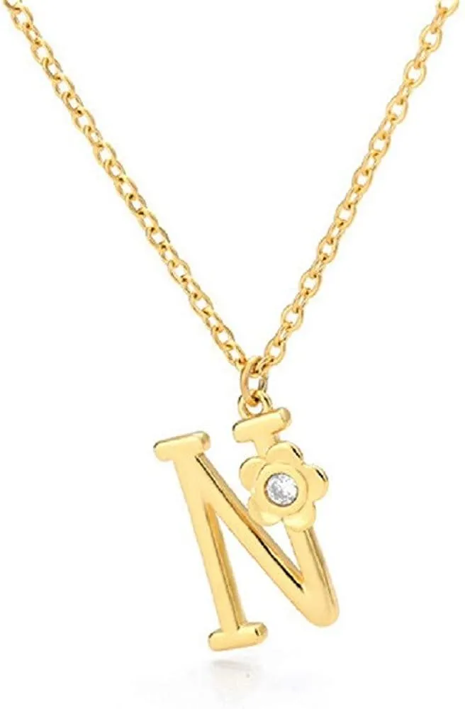 Giorgio Bergamo Stainless Steel Gold Plated A - Z, 26 Letter Cubic Zirconia Flower Initial Pendant Necklace