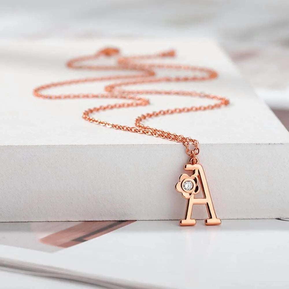 Giorgio Bergamo Stainless Steel Gold Plated A - Z, 26 Letter Cubic Zirconia Flower Initial Pendant Necklace