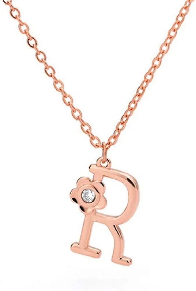 Giorgio Bergamo Stainless Steel Gold Plated A - Z, 26 Letter Cubic Zirconia Flower Initial Pendant Necklace