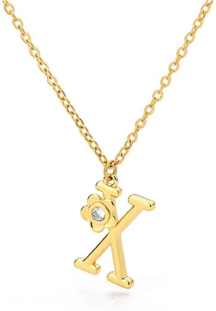 Giorgio Bergamo Stainless Steel Gold Plated A - Z, 26 Letter Cubic Zirconia Flower Initial Pendant Necklace