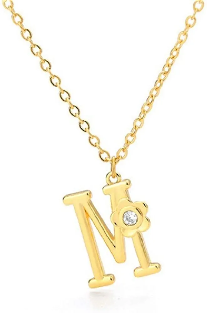 Giorgio Bergamo Stainless Steel Gold Plated A - Z, 26 Letter Cubic Zirconia Flower Initial Pendant Necklace
