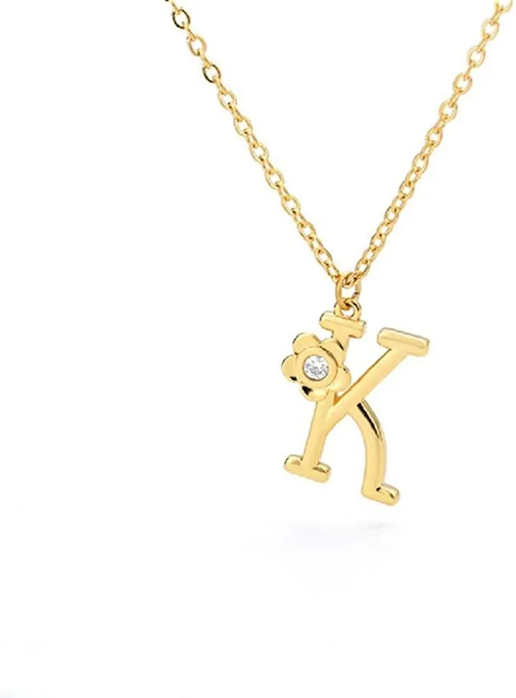 Giorgio Bergamo Stainless Steel Gold Plated A - Z, 26 Letter Cubic Zirconia Flower Initial Pendant Necklace