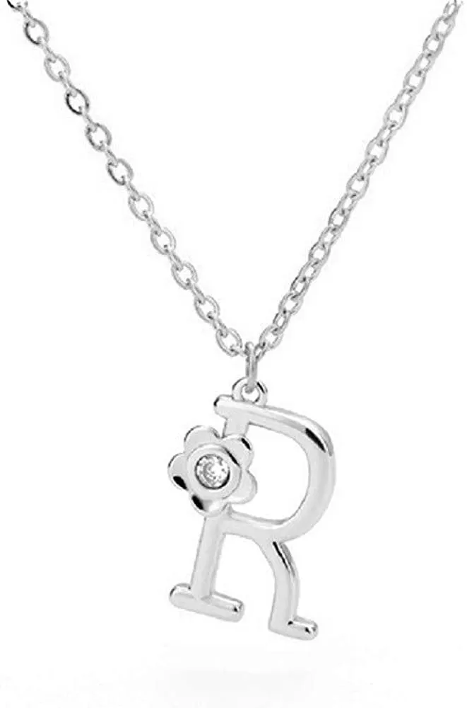Giorgio Bergamo Stainless Steel Gold Plated A - Z, 26 Letter Cubic Zirconia Flower Initial Pendant Necklace