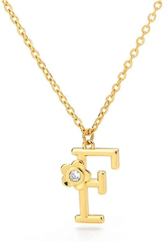 Giorgio Bergamo Stainless Steel Gold Plated A - Z, 26 Letter Cubic Zirconia Flower Initial Pendant Necklace