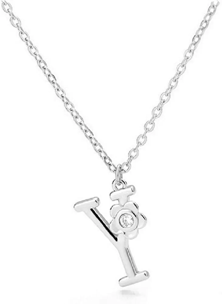 Giorgio Bergamo Stainless Steel Gold Plated A - Z, 26 Letter Cubic Zirconia Flower Initial Pendant Necklace