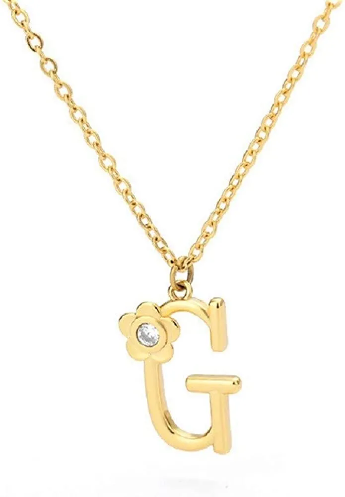 Giorgio Bergamo Stainless Steel Gold Plated A - Z, 26 Letter Cubic Zirconia Flower Initial Pendant Necklace