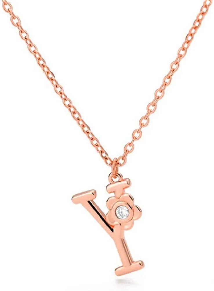 Giorgio Bergamo Stainless Steel Gold Plated A - Z, 26 Letter Cubic Zirconia Flower Initial Pendant Necklace