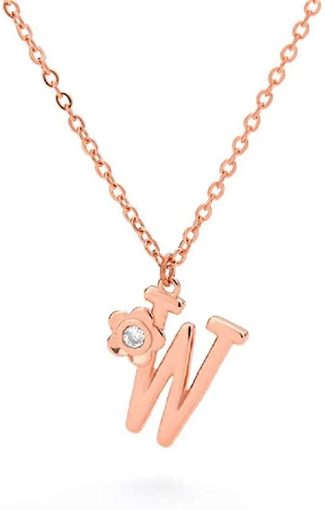 Giorgio Bergamo Stainless Steel Gold Plated A - Z, 26 Letter Cubic Zirconia Flower Initial Pendant Necklace