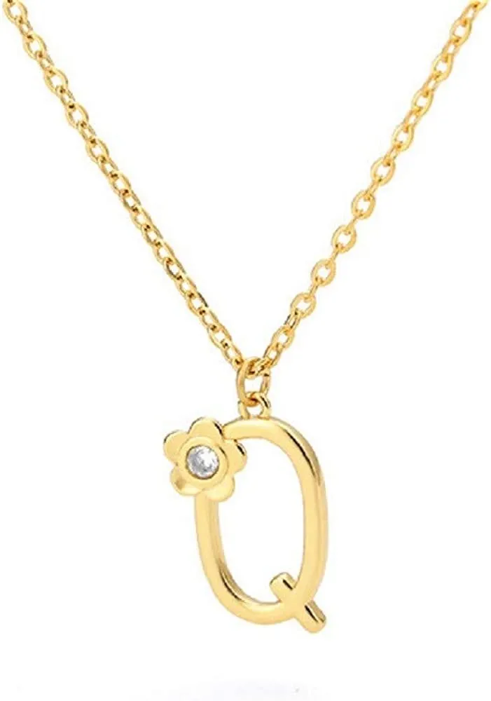 Giorgio Bergamo Stainless Steel Gold Plated A - Z, 26 Letter Cubic Zirconia Flower Initial Pendant Necklace