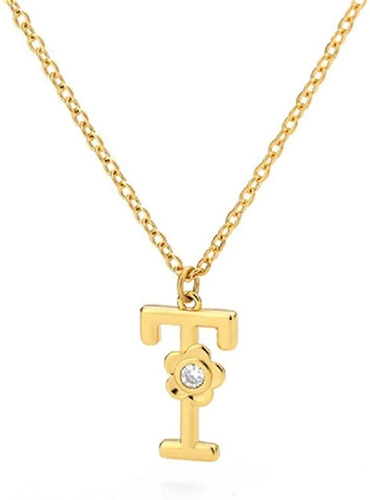 Giorgio Bergamo Stainless Steel Gold Plated A - Z, 26 Letter Cubic Zirconia Flower Initial Pendant Necklace
