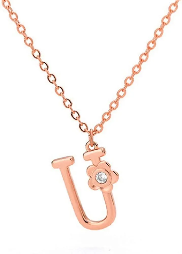 Giorgio Bergamo Stainless Steel Gold Plated A - Z, 26 Letter Cubic Zirconia Flower Initial Pendant Necklace