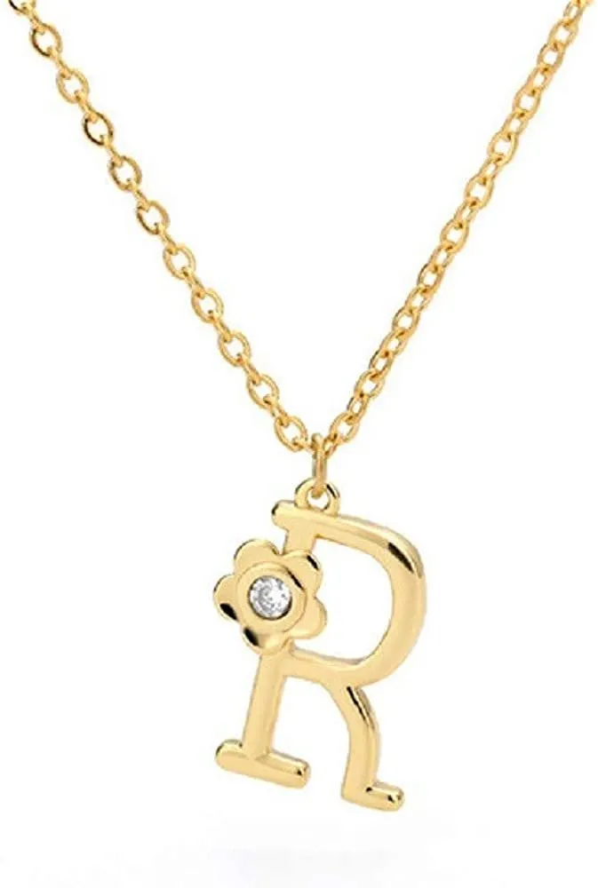 Giorgio Bergamo Stainless Steel Gold Plated A - Z, 26 Letter Cubic Zirconia Flower Initial Pendant Necklace