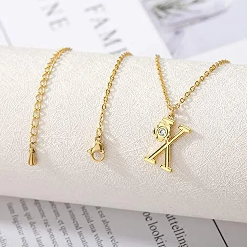 Giorgio Bergamo Stainless Steel Gold Plated A - Z, 26 Letter Cubic Zirconia Flower Initial Pendant Necklace