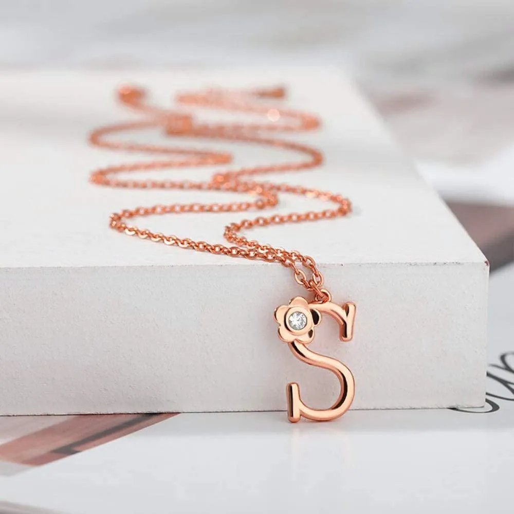 Giorgio Bergamo Stainless Steel Gold Plated A - Z, 26 Letter Cubic Zirconia Flower Initial Pendant Necklace
