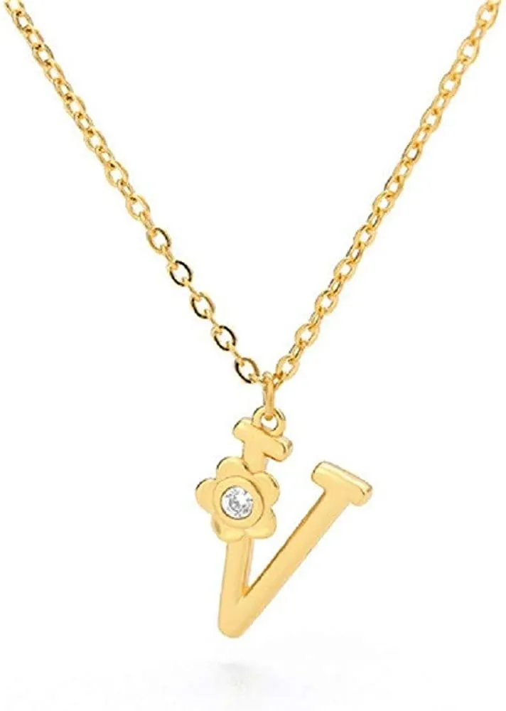 Giorgio Bergamo Stainless Steel Gold Plated A - Z, 26 Letter Cubic Zirconia Flower Initial Pendant Necklace