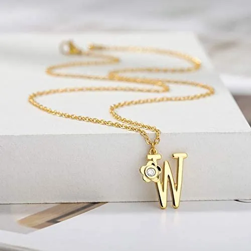 Giorgio Bergamo Stainless Steel Gold Plated A - Z, 26 Letter Cubic Zirconia Flower Initial Pendant Necklace