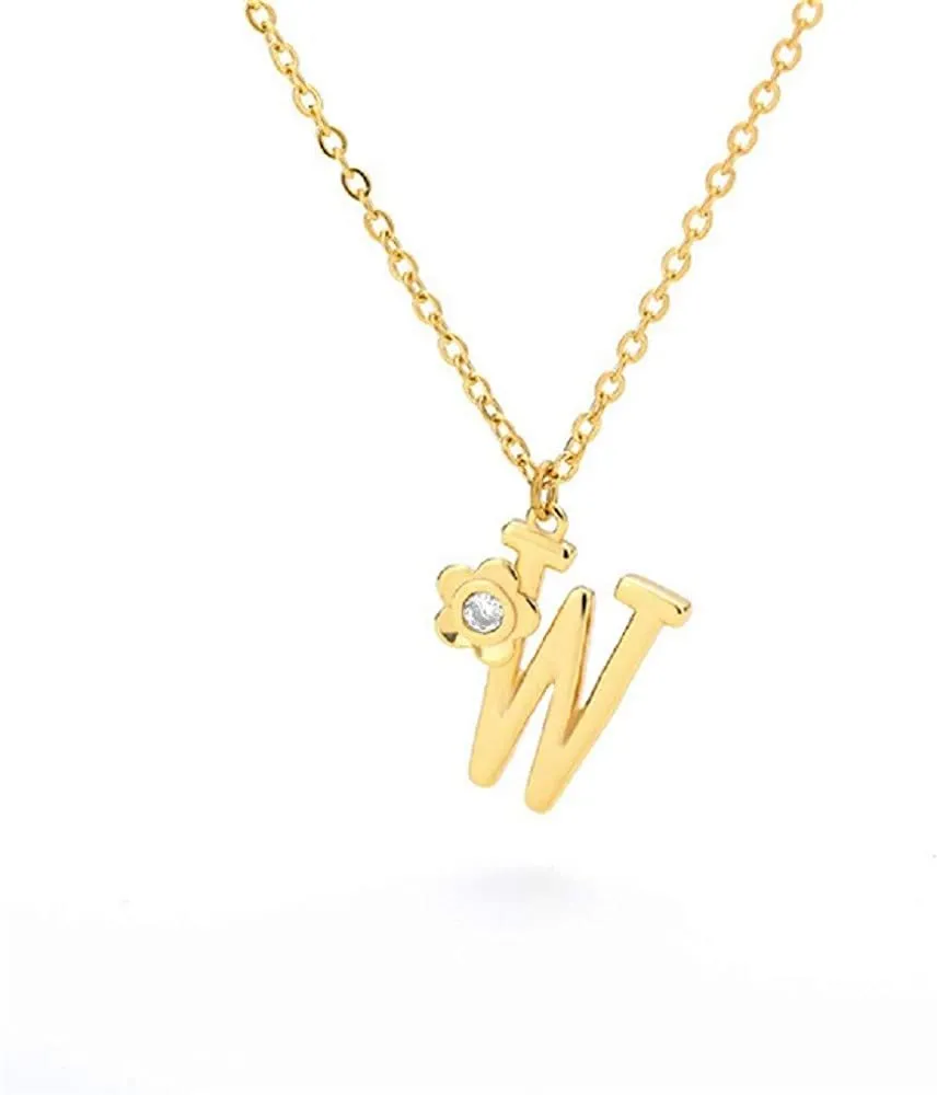 Giorgio Bergamo Stainless Steel Gold Plated A - Z, 26 Letter Cubic Zirconia Flower Initial Pendant Necklace
