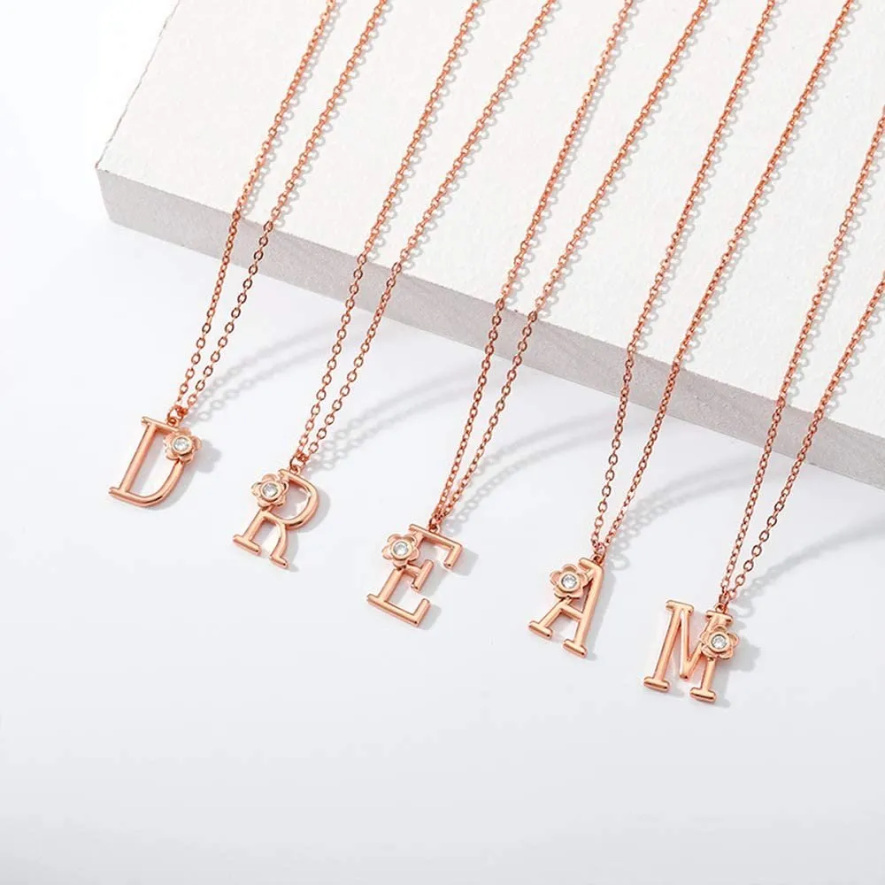 Giorgio Bergamo Stainless Steel Gold Plated A - Z, 26 Letter Cubic Zirconia Flower Initial Pendant Necklace