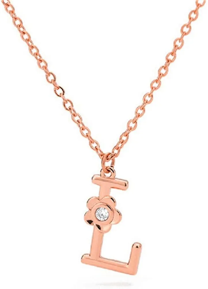 Giorgio Bergamo Stainless Steel Gold Plated A - Z, 26 Letter Cubic Zirconia Flower Initial Pendant Necklace