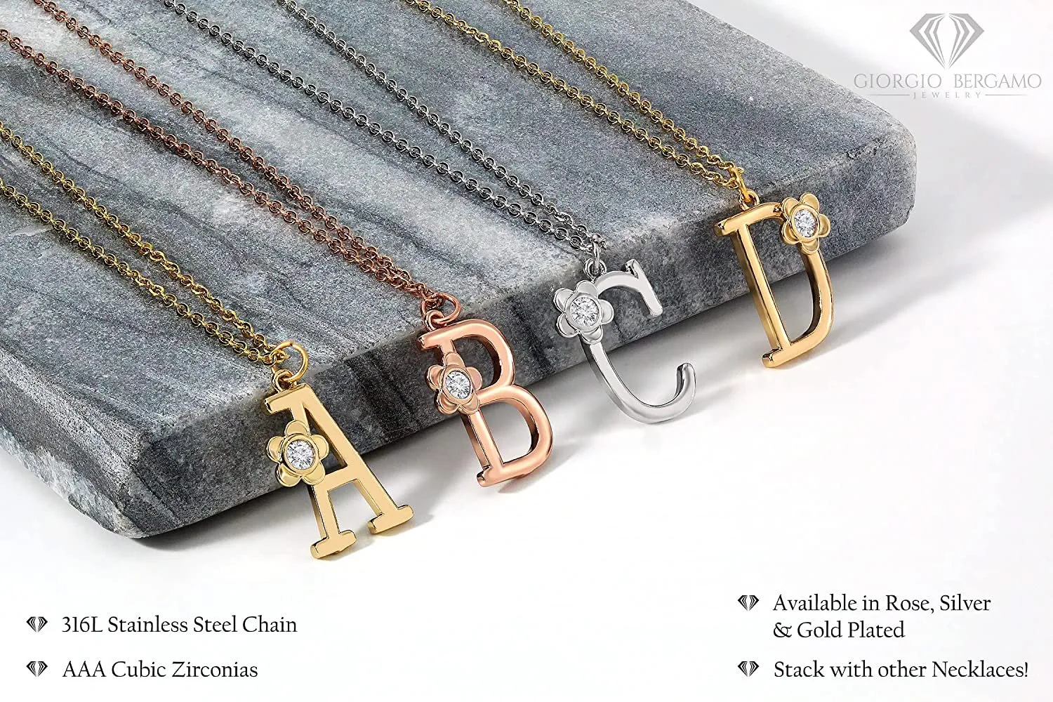 Giorgio Bergamo Stainless Steel Gold Plated A - Z, 26 Letter Cubic Zirconia Flower Initial Pendant Necklace