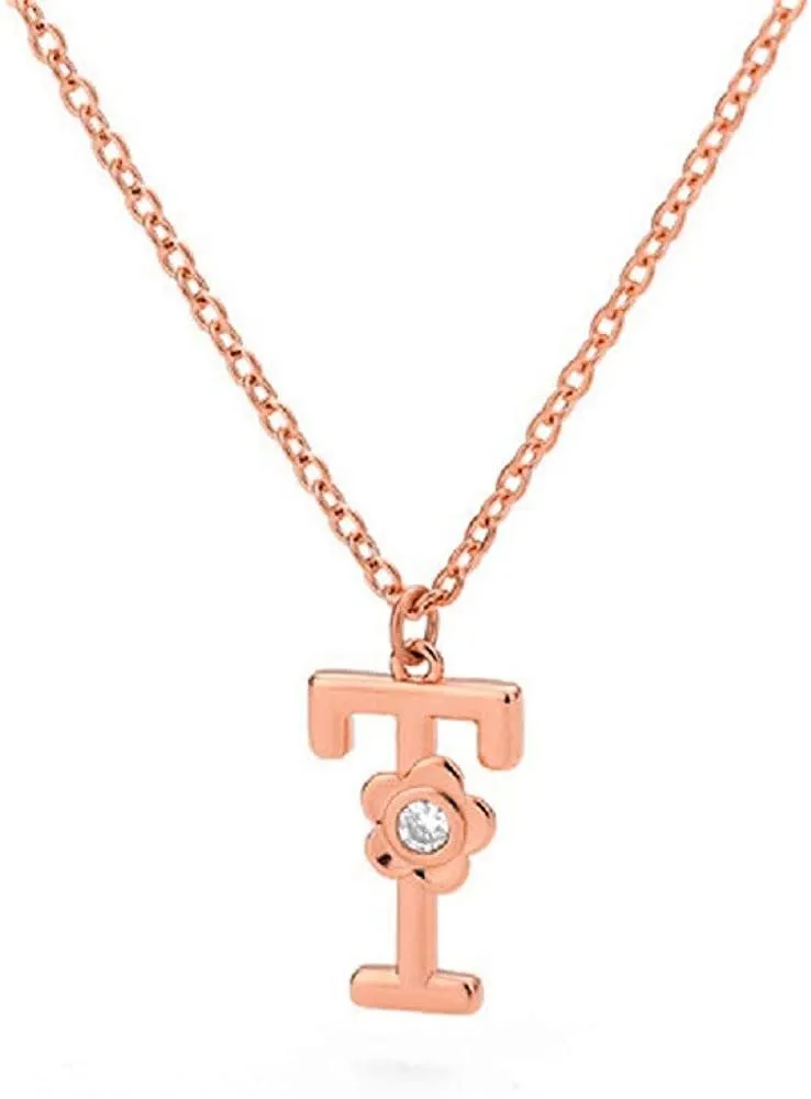 Giorgio Bergamo Stainless Steel Gold Plated A - Z, 26 Letter Cubic Zirconia Flower Initial Pendant Necklace
