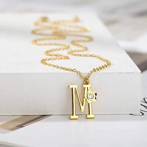 Giorgio Bergamo Stainless Steel Gold Plated A - Z, 26 Letter Cubic Zirconia Flower Initial Pendant Necklace