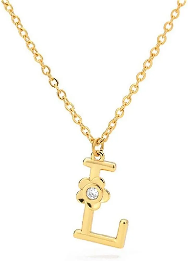 Giorgio Bergamo Stainless Steel Gold Plated A - Z, 26 Letter Cubic Zirconia Flower Initial Pendant Necklace