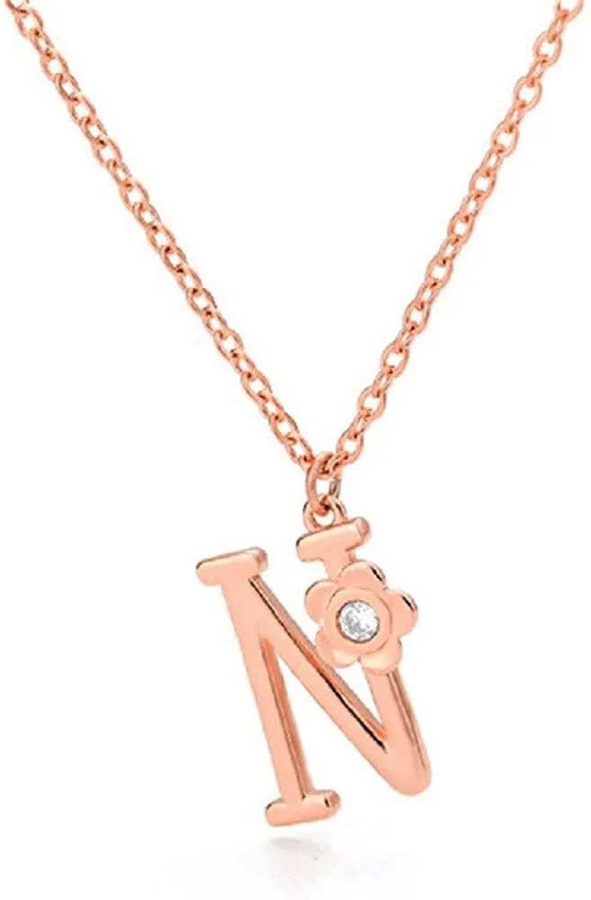 Giorgio Bergamo Stainless Steel Gold Plated A - Z, 26 Letter Cubic Zirconia Flower Initial Pendant Necklace