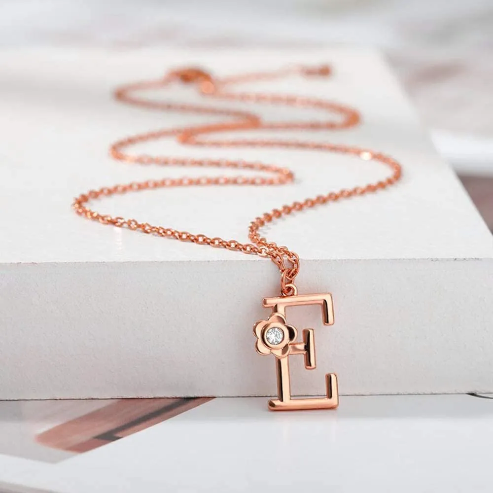 Giorgio Bergamo Stainless Steel Gold Plated A - Z, 26 Letter Cubic Zirconia Flower Initial Pendant Necklace
