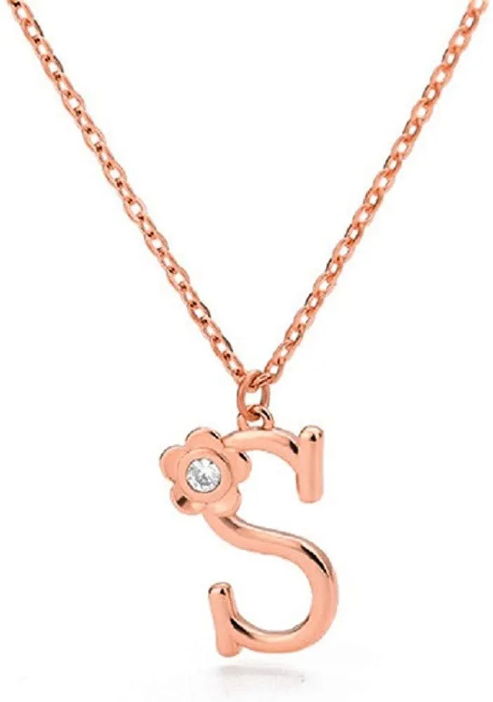 Giorgio Bergamo Stainless Steel Gold Plated A - Z, 26 Letter Cubic Zirconia Flower Initial Pendant Necklace
