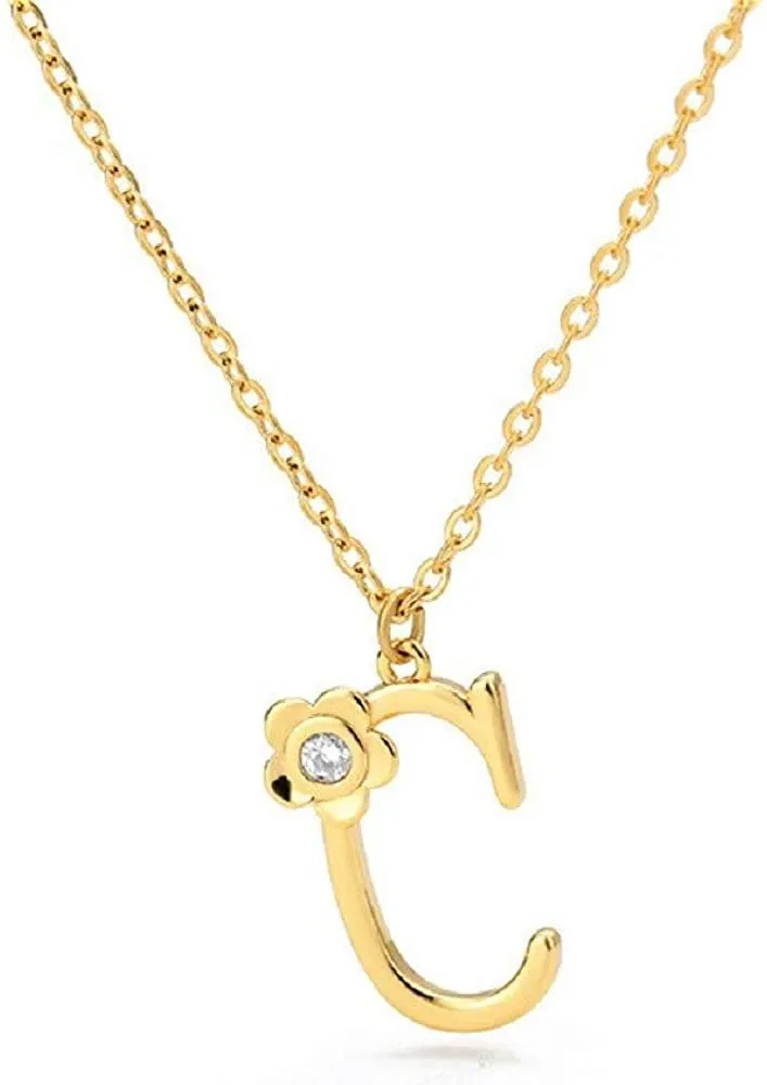 Giorgio Bergamo Stainless Steel Gold Plated A - Z, 26 Letter Cubic Zirconia Flower Initial Pendant Necklace