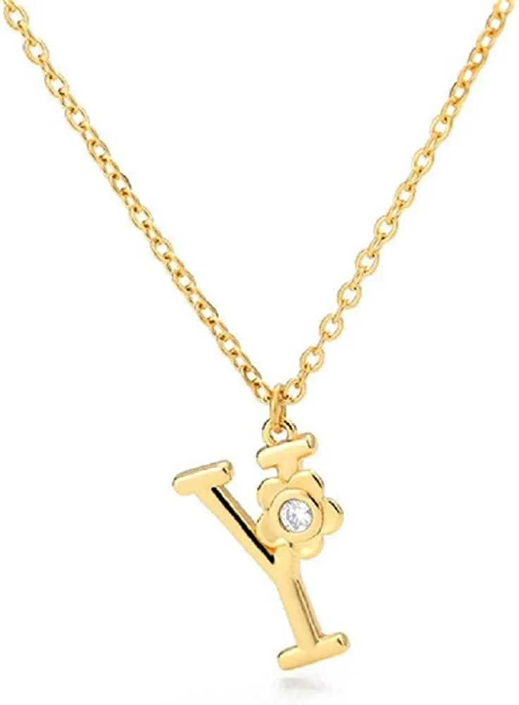 Giorgio Bergamo Stainless Steel Gold Plated A - Z, 26 Letter Cubic Zirconia Flower Initial Pendant Necklace