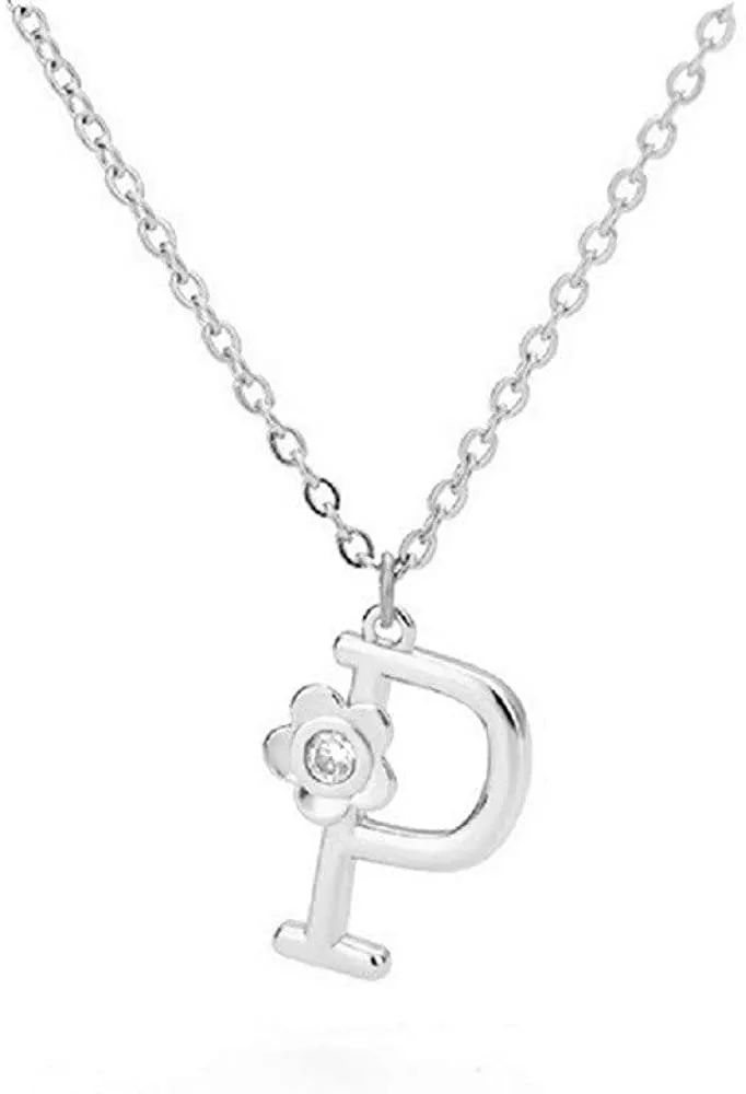 Giorgio Bergamo Stainless Steel Gold Plated A - Z, 26 Letter Cubic Zirconia Flower Initial Pendant Necklace