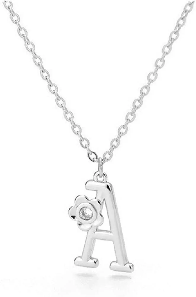 Giorgio Bergamo Stainless Steel Gold Plated A - Z, 26 Letter Cubic Zirconia Flower Initial Pendant Necklace