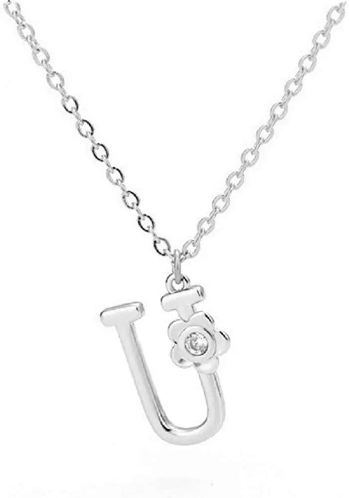 Giorgio Bergamo Stainless Steel Gold Plated A - Z, 26 Letter Cubic Zirconia Flower Initial Pendant Necklace