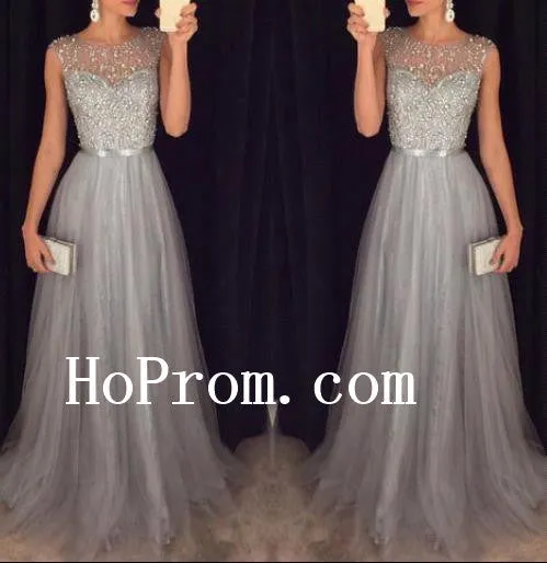 Grey Beading Prom Dresses,Chiffon Prom Dress,Tulle Evening Dress