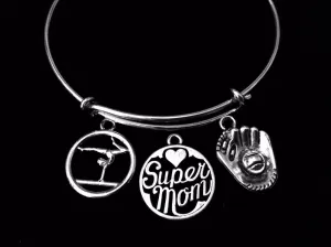 Gymnastics Mom Baseball Mom Adjustable Bracelet Silver Expandable Charm Bracelet Sports Gift Super Mom Baseball Glove Gymnast