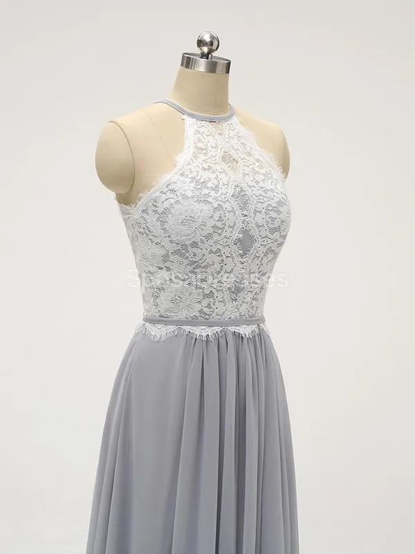 Halter Lace Long Chiffon Grey Cheap Bridesmaid Dresses Online, WG583